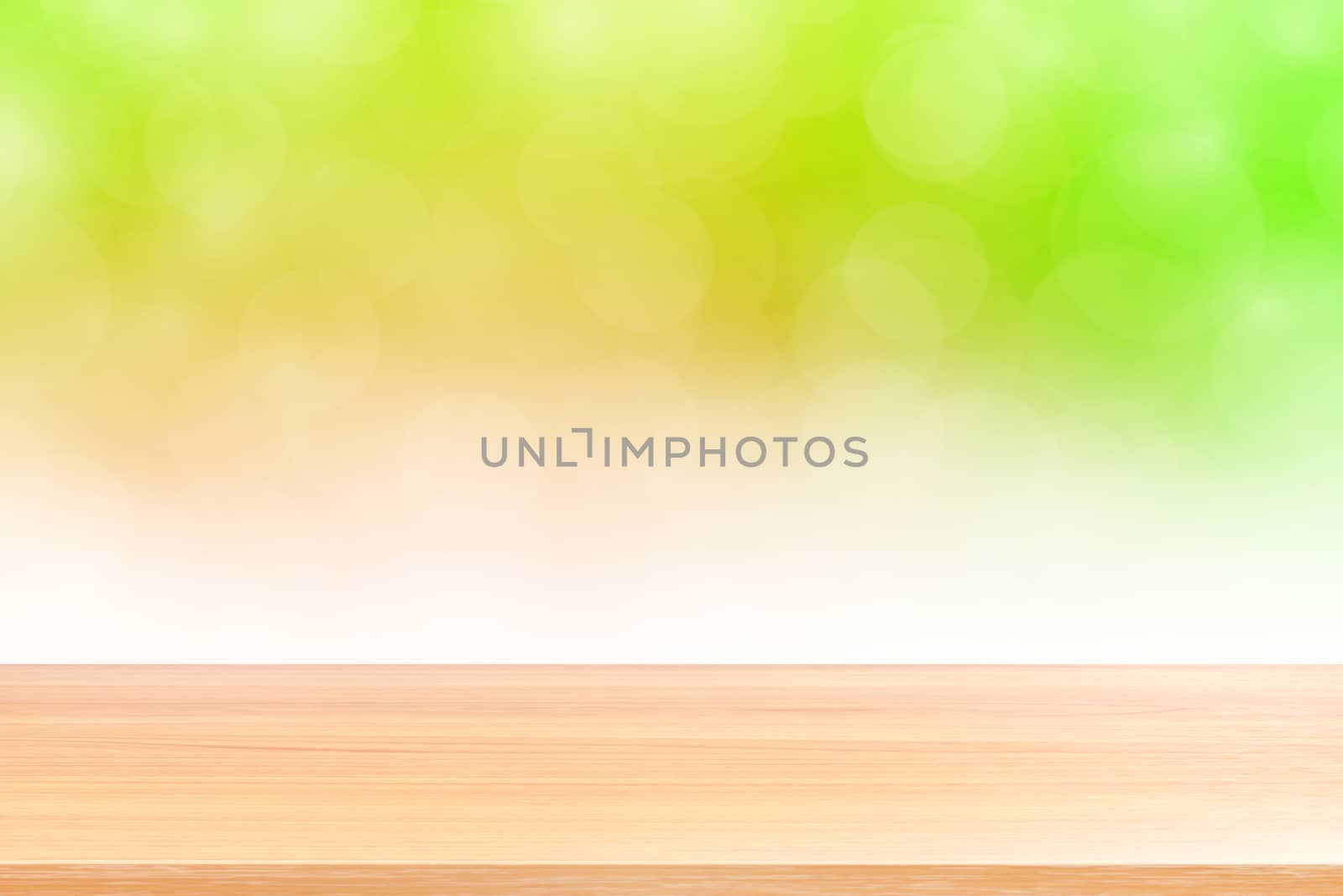 empty wood table floors on blurred bokeh soft green gradient background, wooden plank empty on green bokeh colorful light shade, colorful bokeh lights gradient soft for banner advertising products by cgdeaw