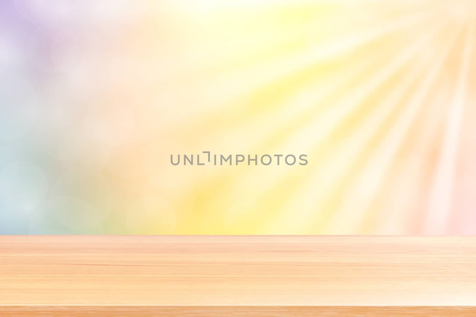 empty wood table floors on soft yellow bokeh lights beam shine gradient background, wooden plank empty on yellow bokeh colorful light shine, colorful bokeh lights gradient soft for banner advertising