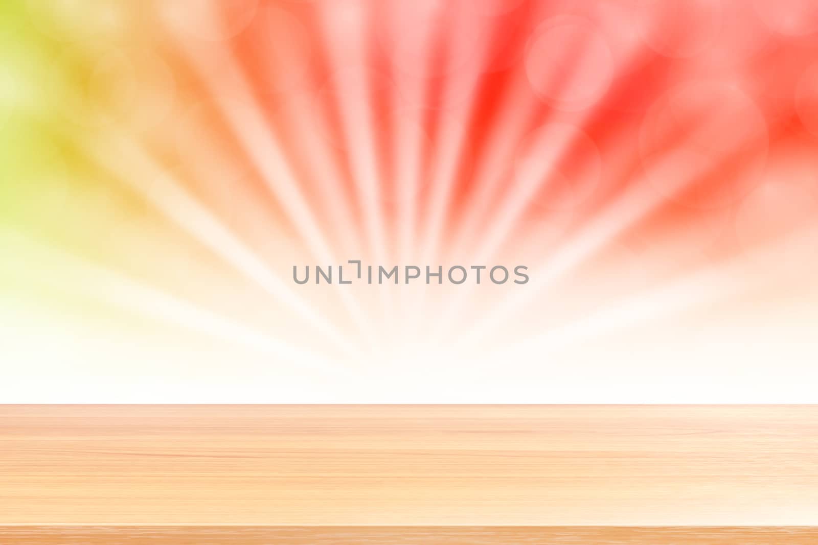 empty wood table floors on soft red bokeh lights beam shine gradient background, wooden plank empty on red bokeh colorful light shine, red colorful bokeh lights gradient soft for banner advertising by cgdeaw