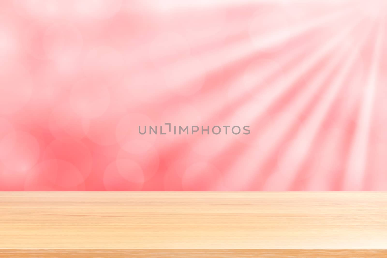 empty wood table floors on soft pink bokeh lights beam shine gradient background, wooden plank empty on pink bokeh colorful light shine, pink colorful bokeh lights gradient soft for banner advertising by cgdeaw