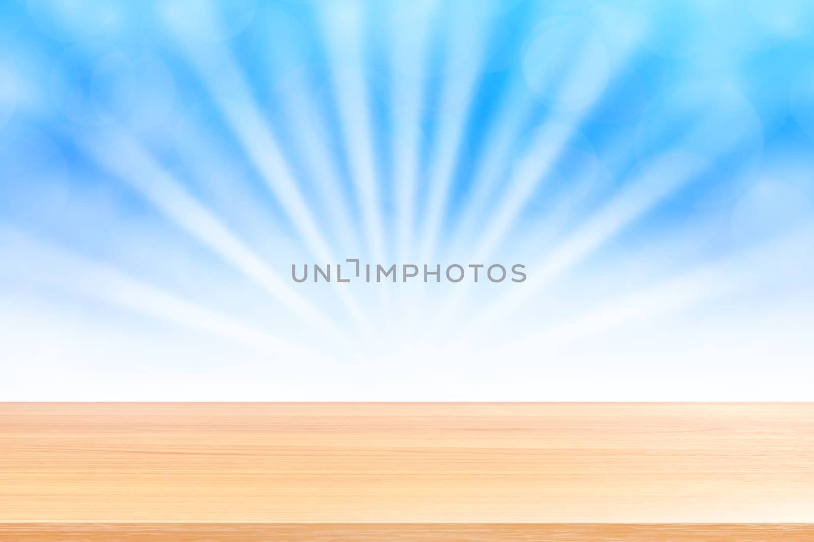 empty wood table floors on soft blue bokeh lights beam shine gradient background, wooden plank empty on blue bokeh colorful light shine, colorful bokeh lights gradient soft for banner advertising by cgdeaw