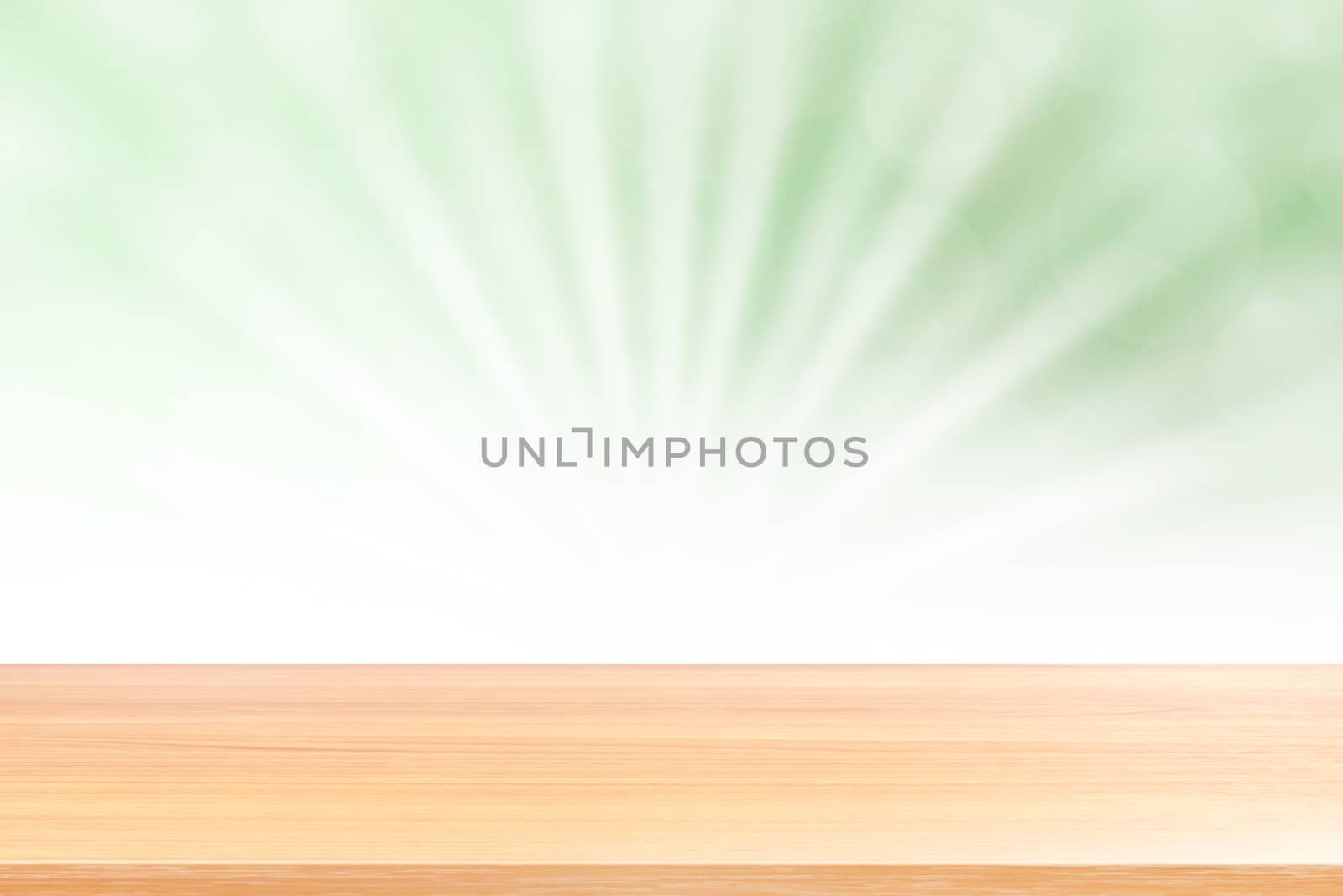 empty wood table floors on soft green bokeh lights beam shine gradient background, wooden plank empty on green bokeh colorful light shine, colorful bokeh lights gradient soft for banner advertising by cgdeaw