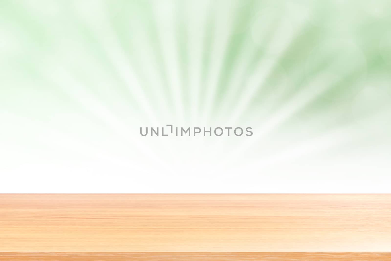 empty wood table floors on soft green bokeh lights beam shine gradient background, wooden plank empty on green bokeh colorful light shine, colorful bokeh lights gradient soft for banner advertising