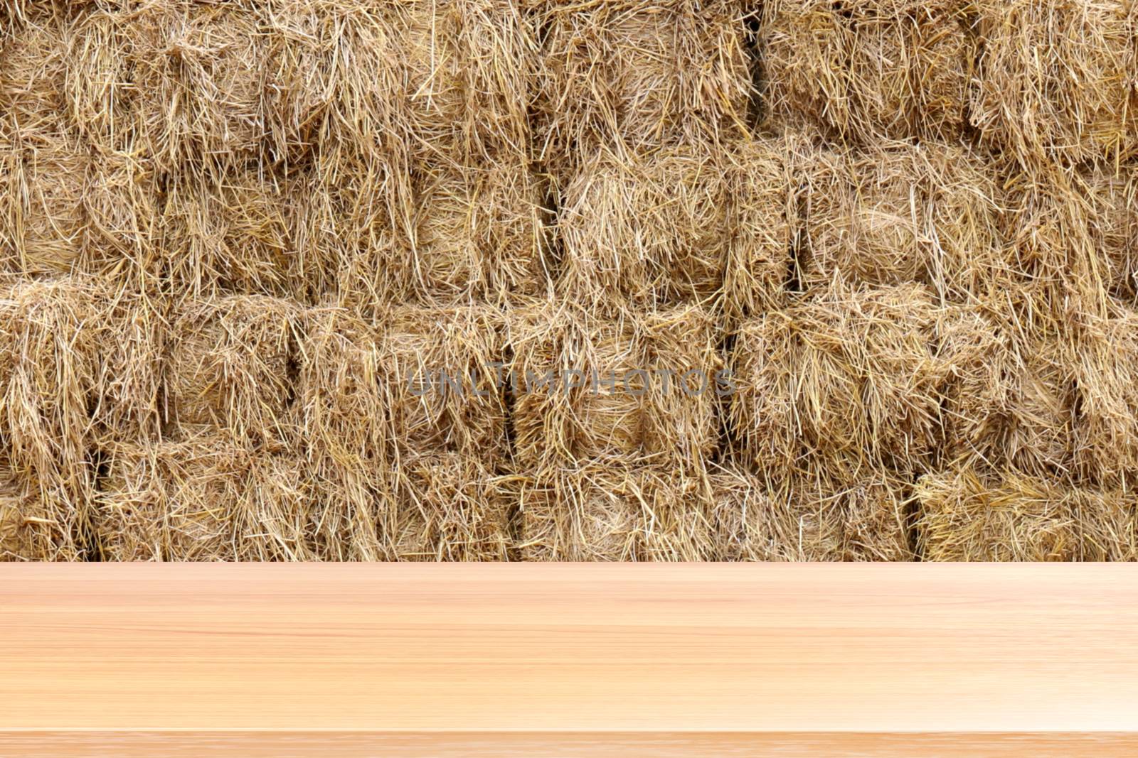 wood plank on straw, empty wood table floors on straw block cube background, wood table board empty front straw cube wall backdrop, wooden plank blank over hay dry straw yellow brown color by cgdeaw