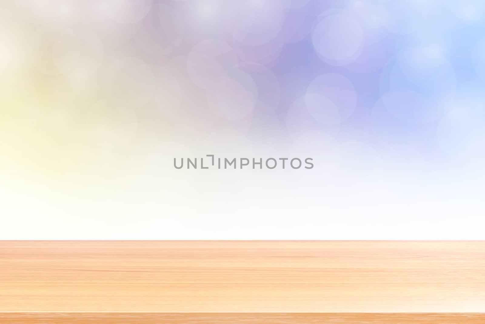empty wood table floors on blurred bokeh soft purple gradient background, wooden plank empty on purple bokeh colorful light shade, colorful bokeh lights gradient soft for banner advertising products by cgdeaw