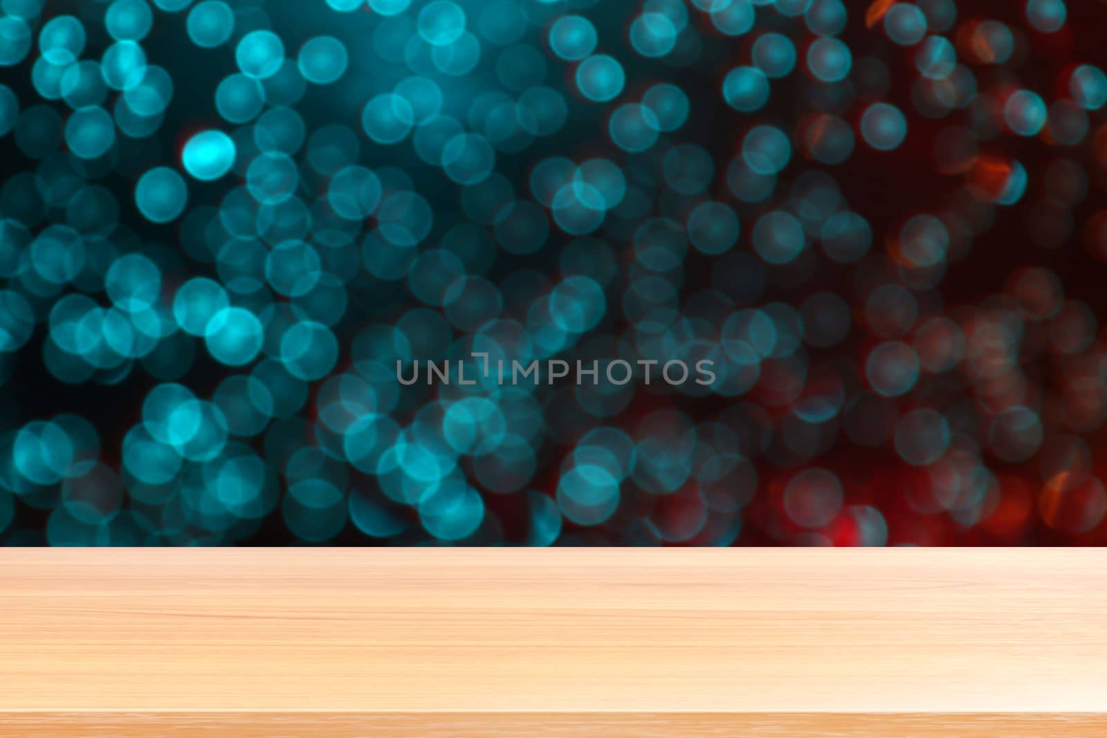 wood plank on abstract blurred blue red silver glittering shine bulbs lights background, empty wood table floors on Bokeh Blur dot light xmas, wood table board empty front sparkle circle lit display by cgdeaw
