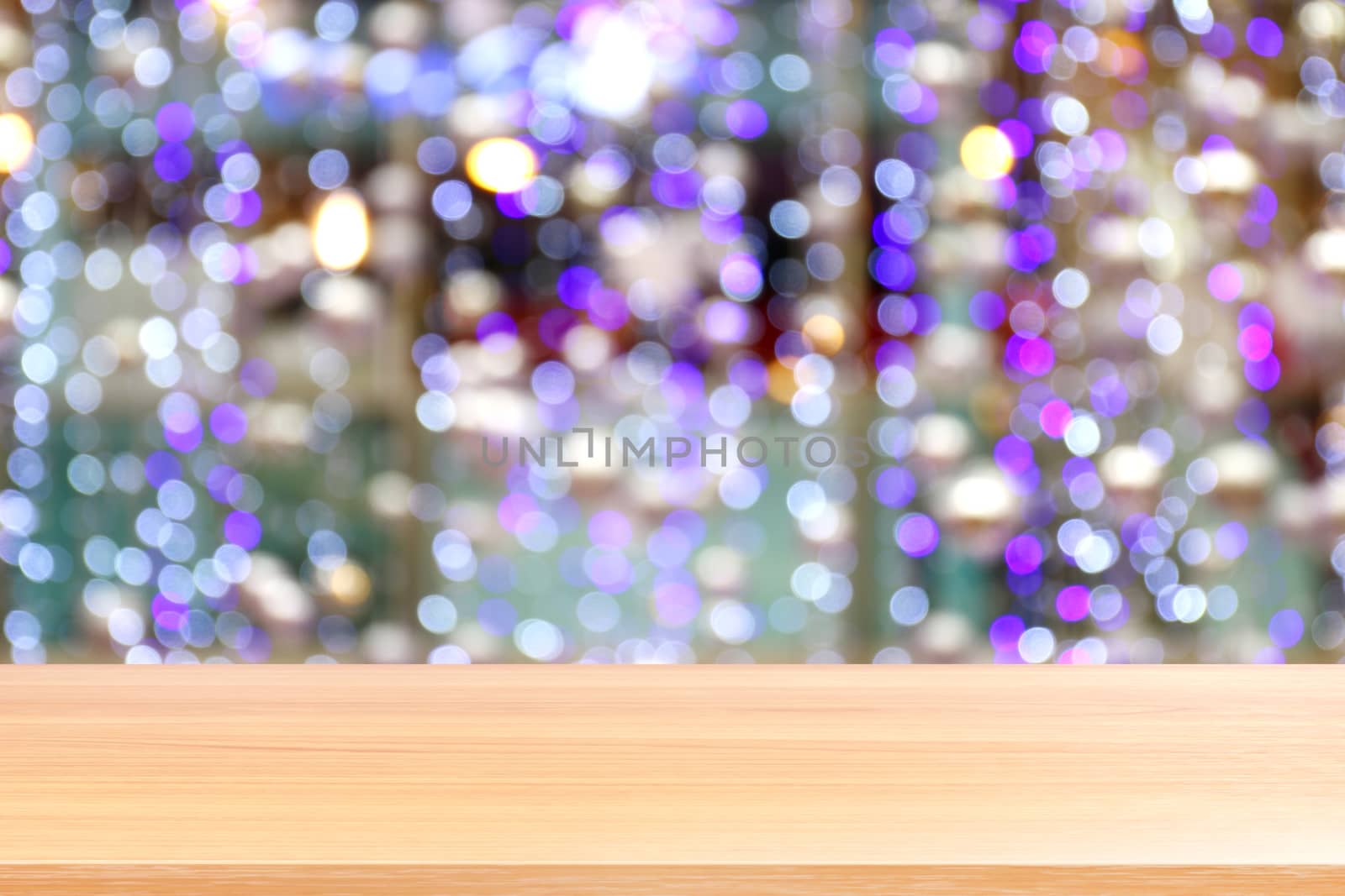 wood plank on bokeh purple lighting vivid colorful abstract background, empty wood table floors lighting decoration in shopping mall, wood table board empty front violet bokeh glitter interior light