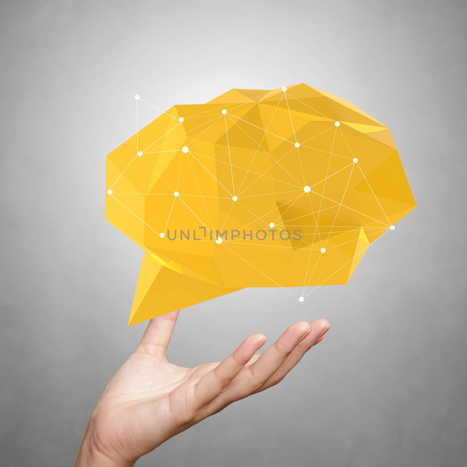 hand showing low poly geometric speech bubble with social media structure on white background