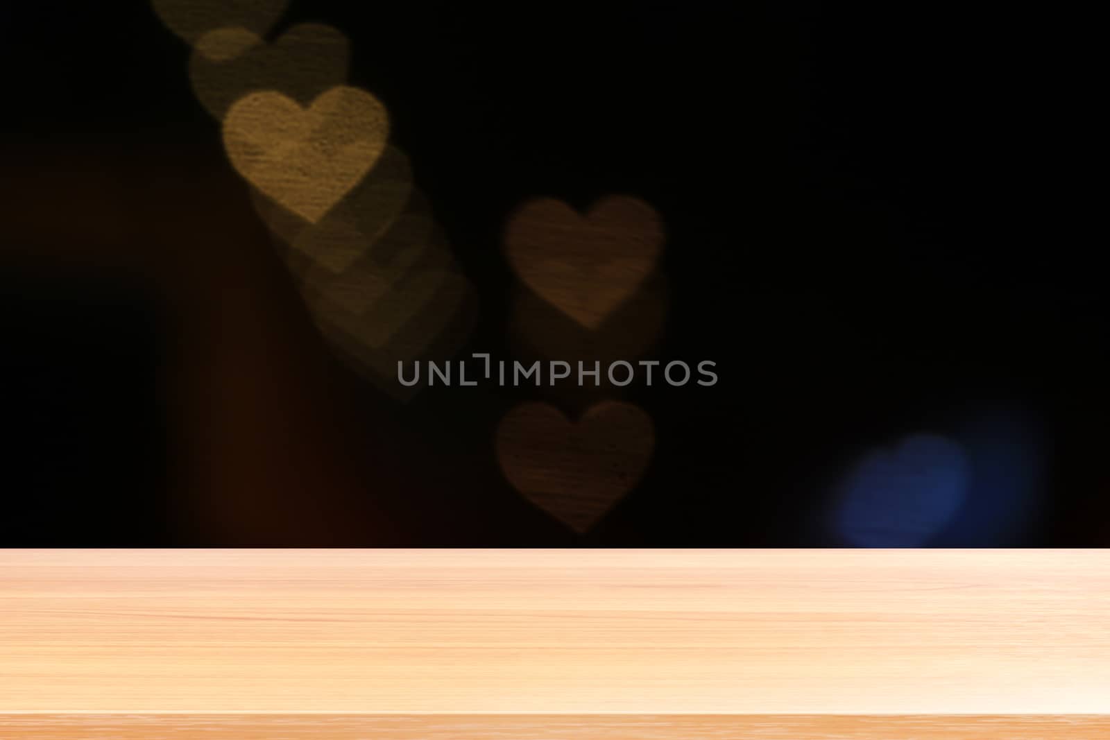 wood plank on bokeh lights heart shape soft gold background valentine, empty wood table floors on heart lights shape background colorful golden, wood table board empty on bokeh heart shape gold