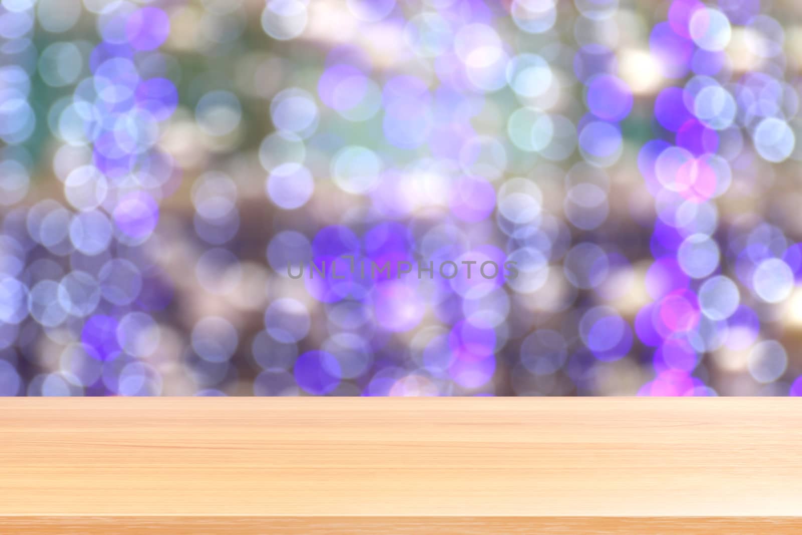 wood plank on bokeh purple lighting vivid colorful abstract background, empty wood table floors lighting decoration in shopping mall, wood table board empty front violet bokeh glitter interior light