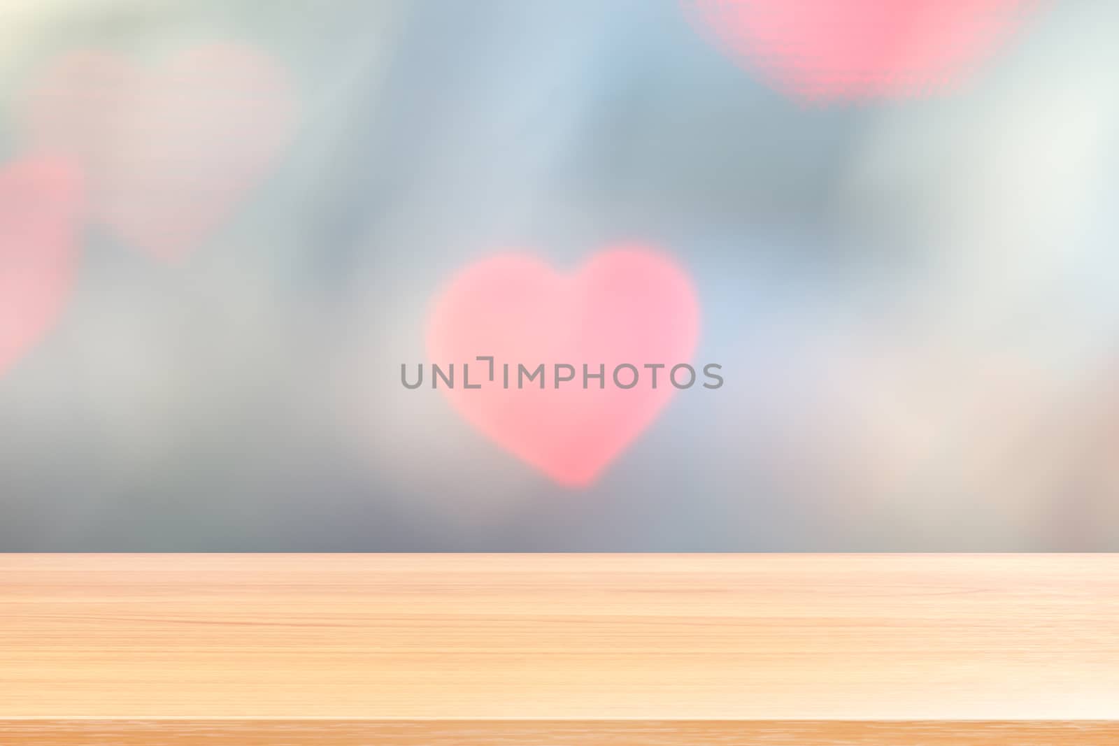 wood plank on lighting soft heart shaped bokeh for valentine background, empty wood table floors on heart shape bokeh night light multi color background, wood table board empty on bokeh heart shape