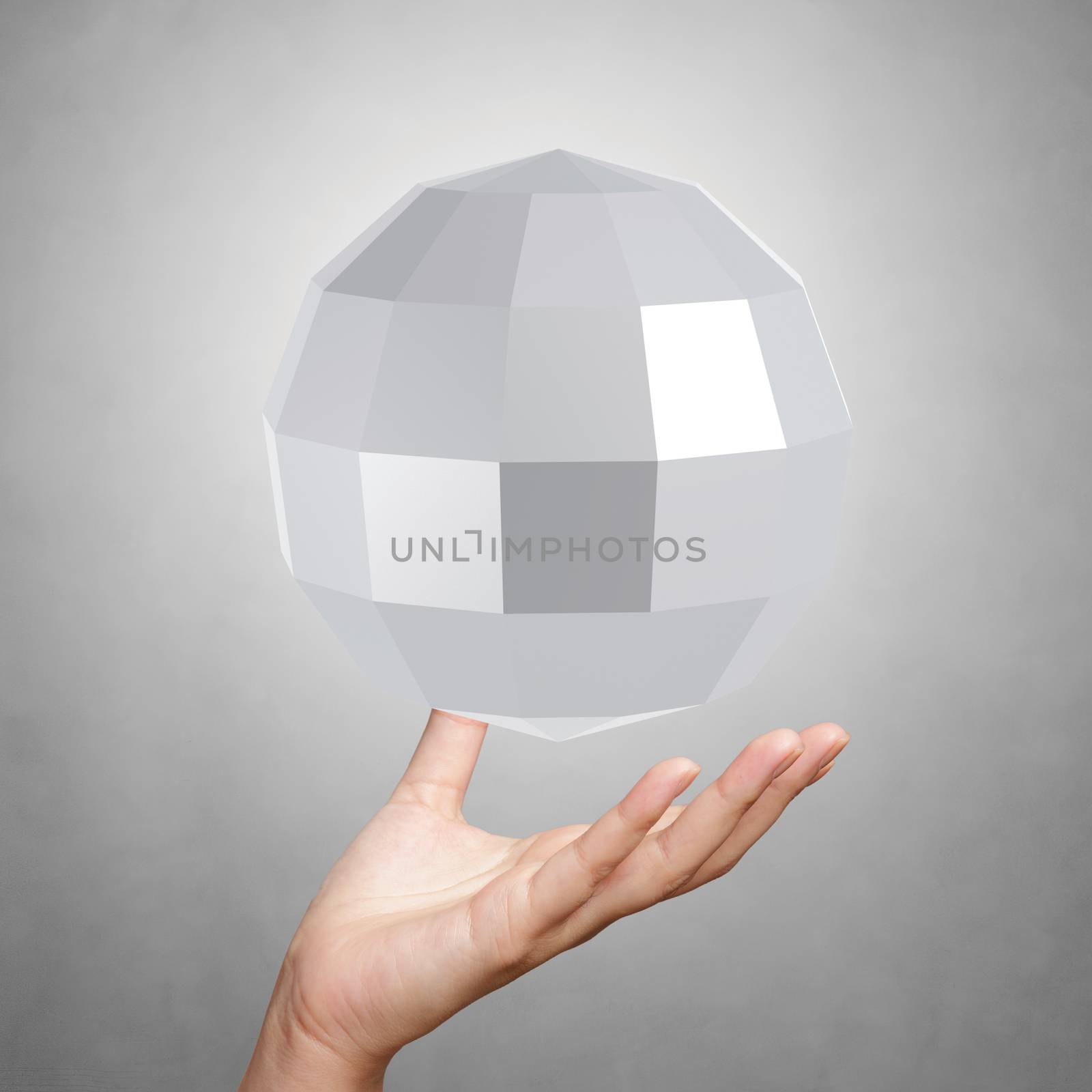 hand showing Abstract low poly 3d sphere on background