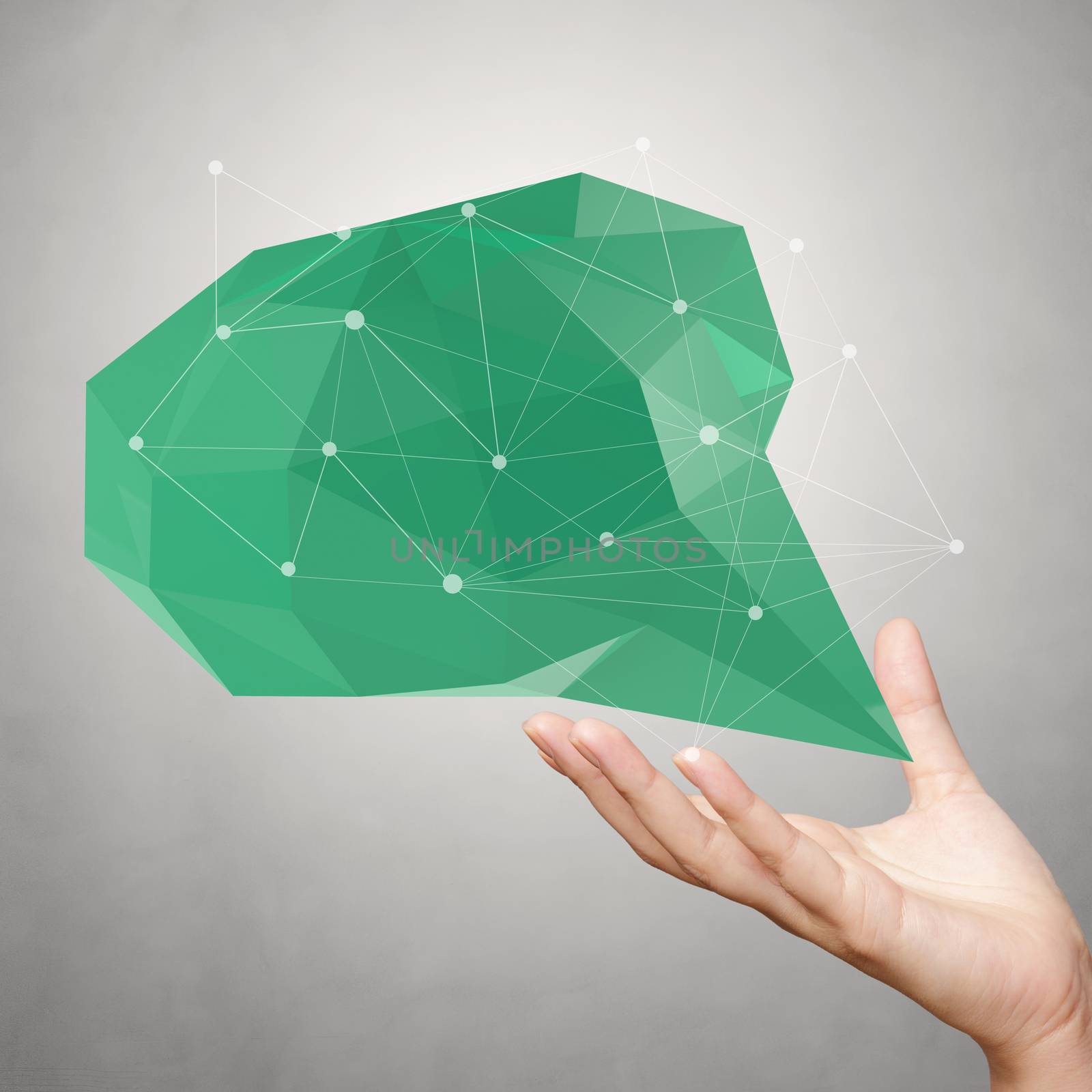 hand showing low poly geometric speech bubble with social media structure on white background