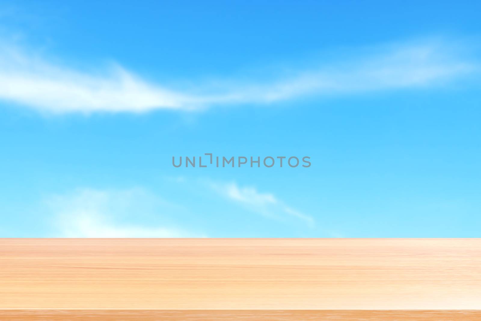 empty wood table floors on blurred blue sky and cloud background, wood table board empty front blur sky blue, wooden plank blank on sky with perspective brown wood table for mock up display products by cgdeaw