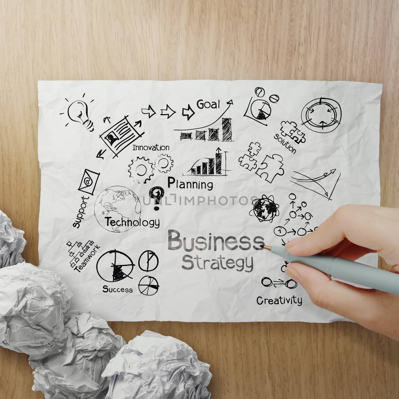hand drawing creative business strategy on crumpled paper with w by everythingpossible