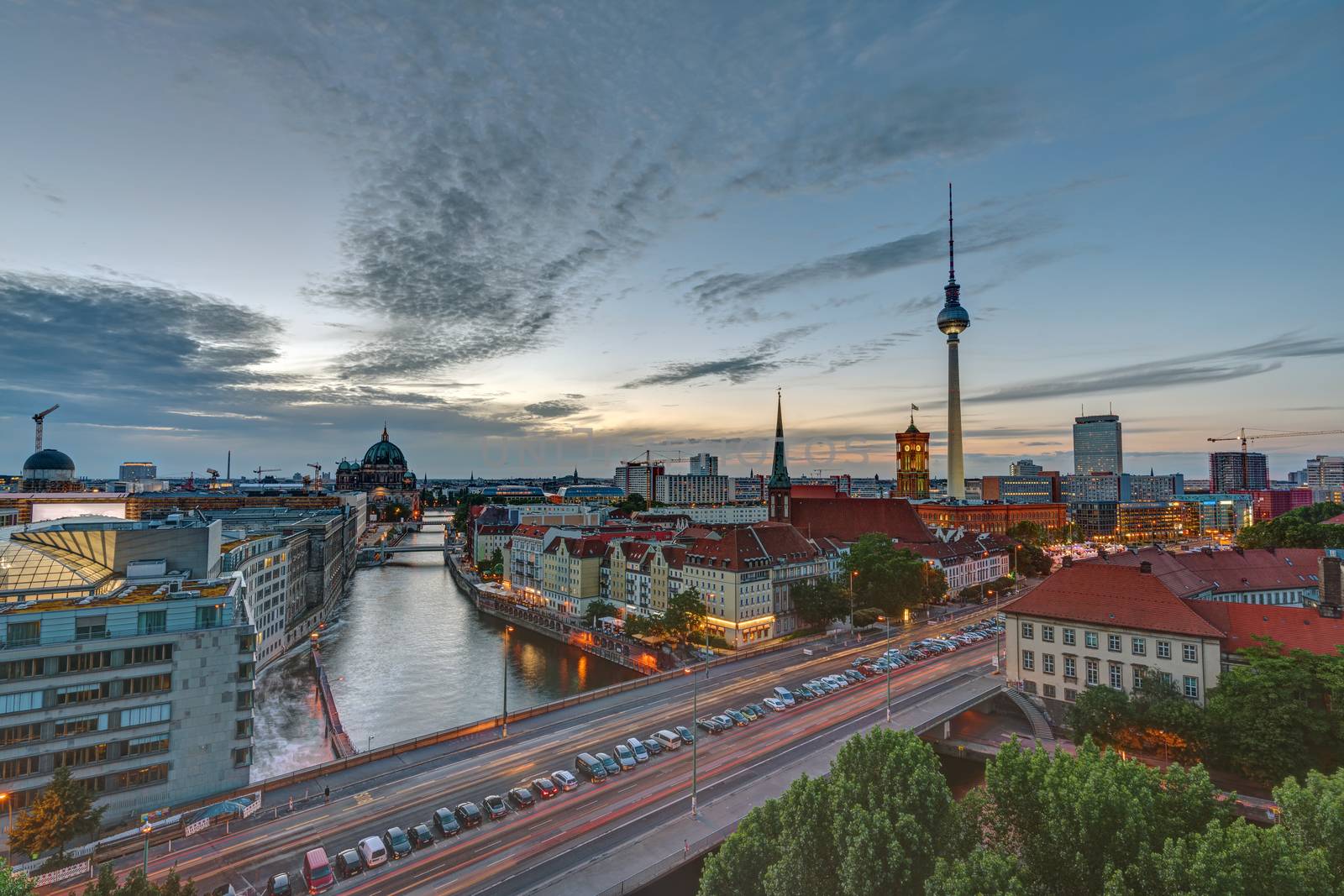 The center of Berlin with the Television Tower at dusk