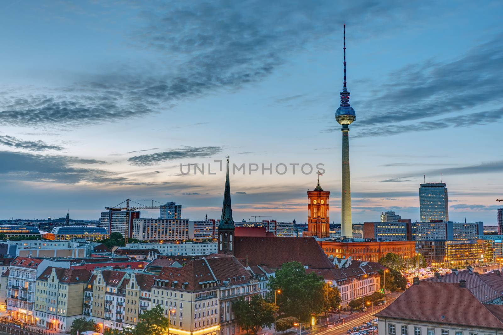 The Television Tower and the townhall after sunset by elxeneize