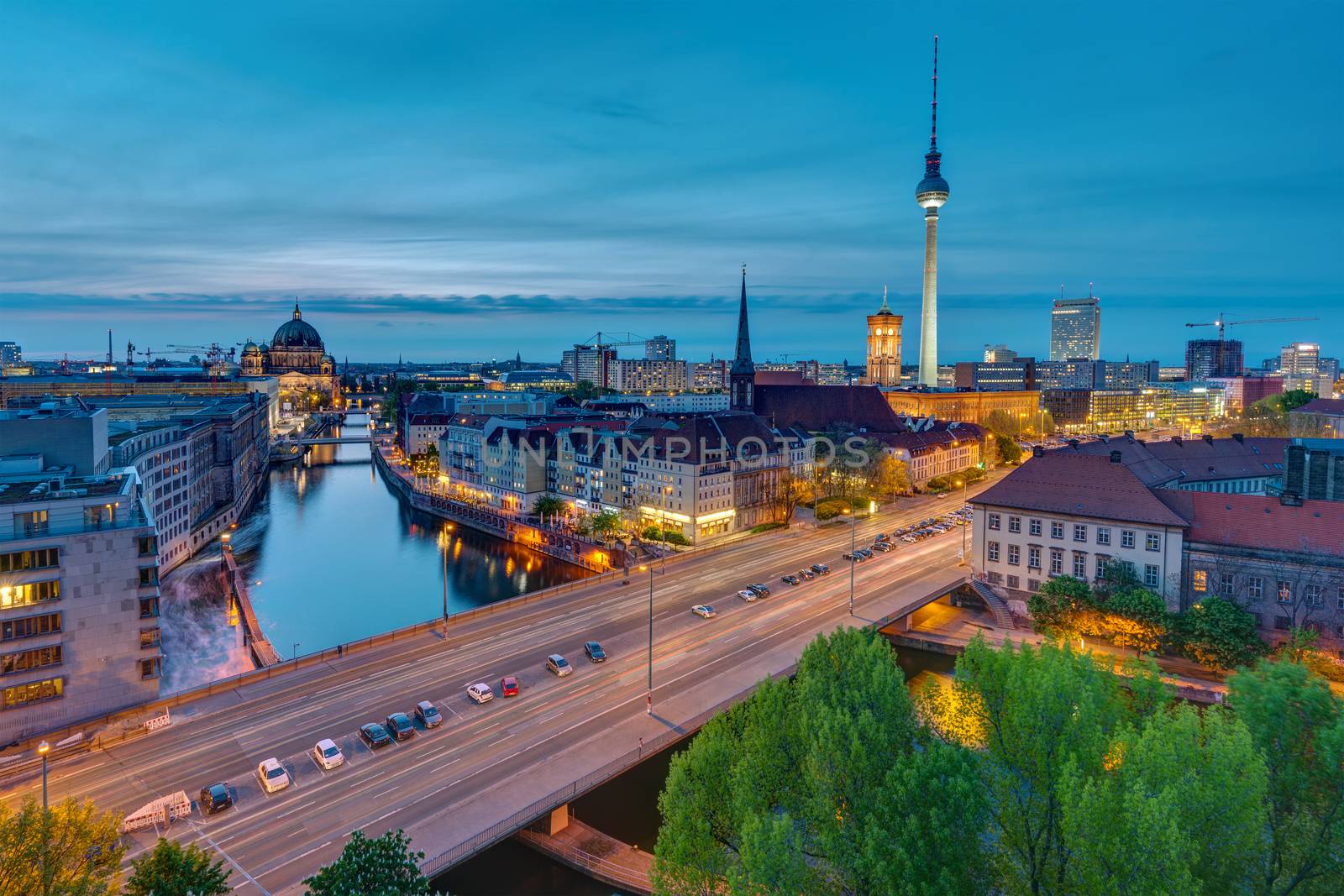 The center of Berlin with the famous television tower at dusk