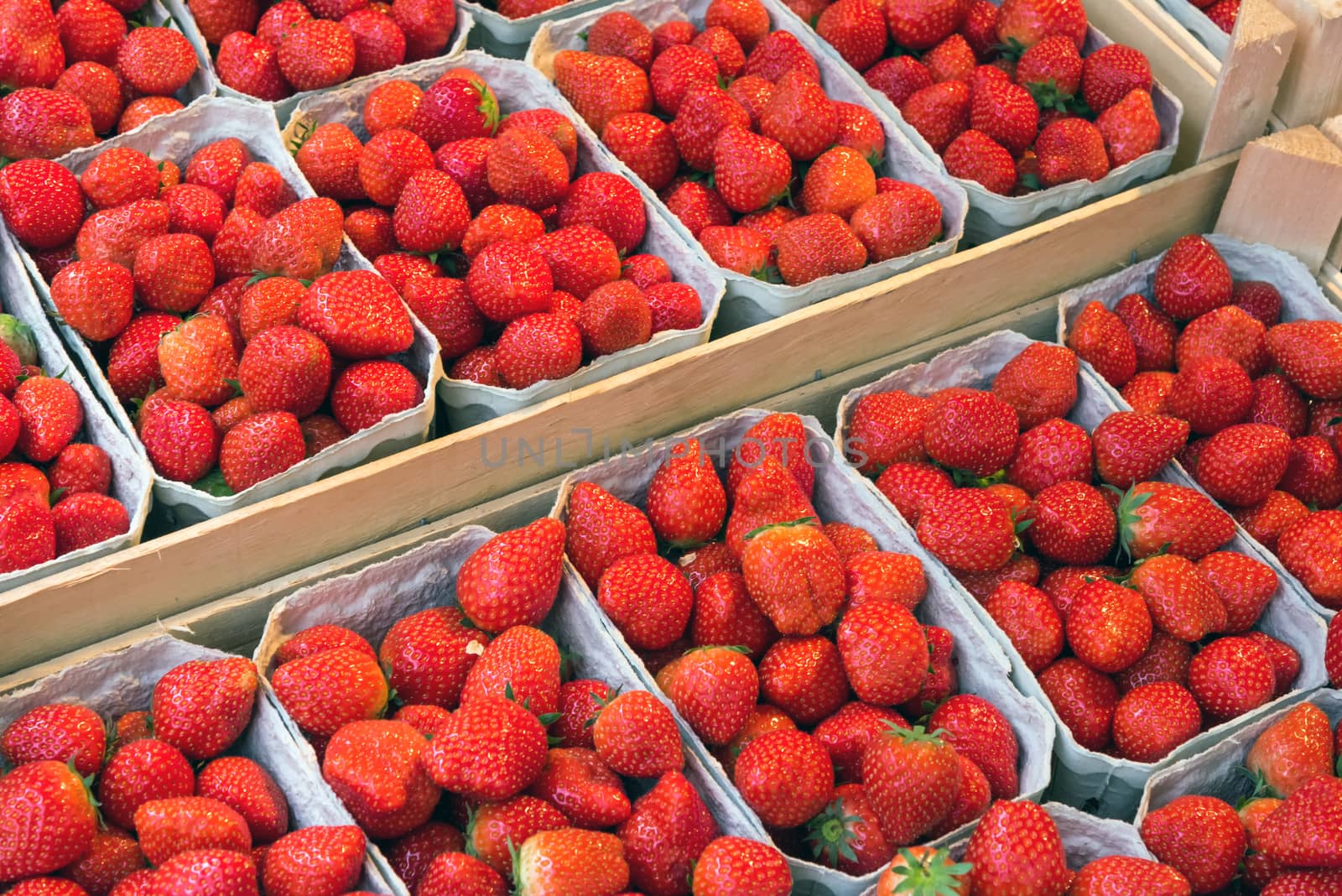 Fresh ripe strawberries in boxes for sale at a market
