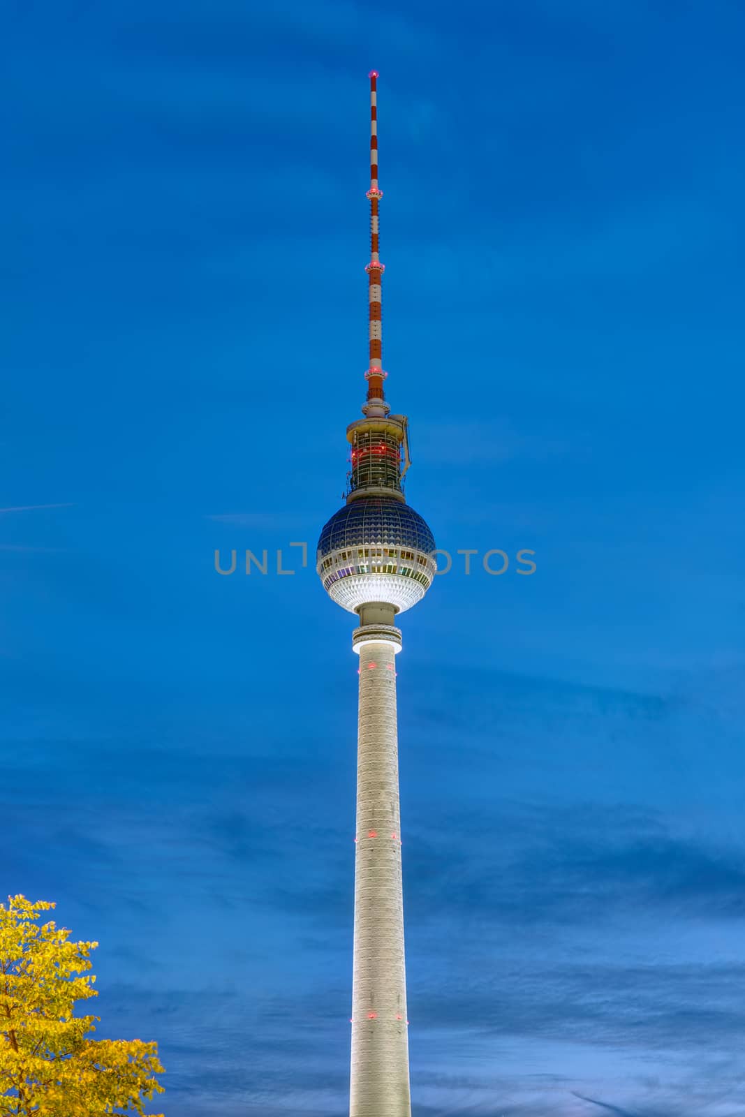 The famous Television Tower in Berlin illuminated at night