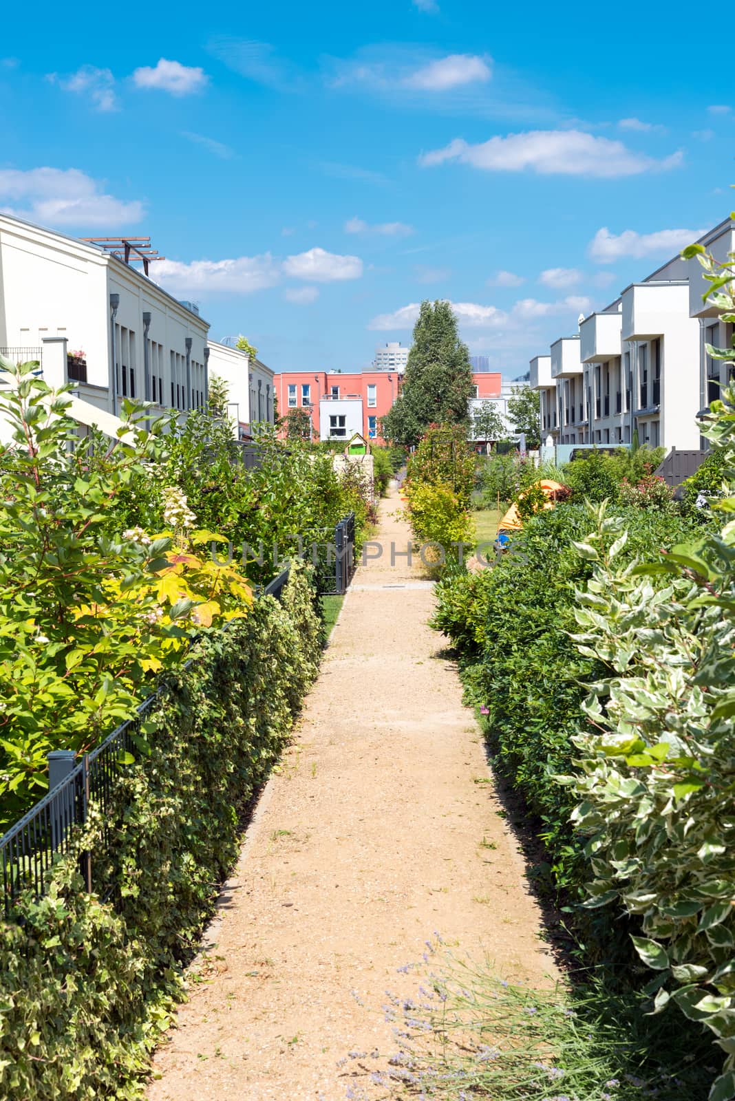 Modern serial houses with gardens seen in Berlin, Germany