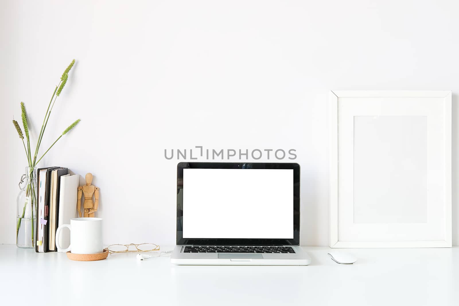 Workspace desk and laptop. copy space and blank screen. Business image, Blank screen laptop and supplies. 