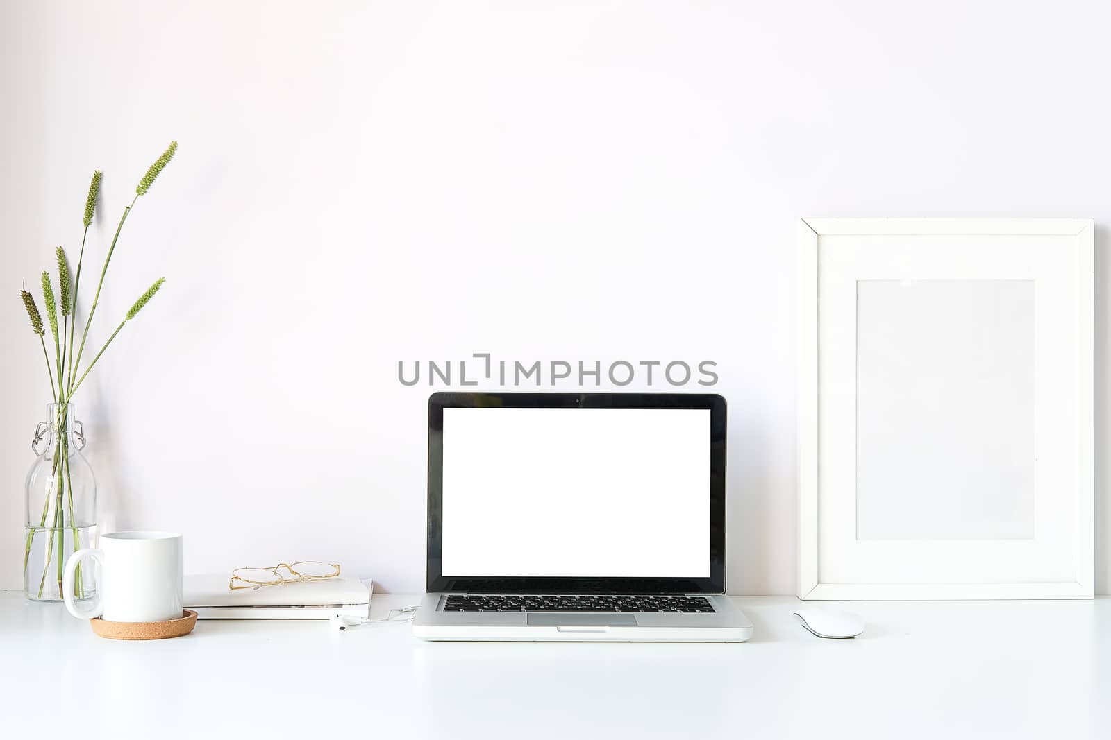 Workspace desk and laptop. copy space and blank screen. Business image, Blank screen laptop and supplies. 