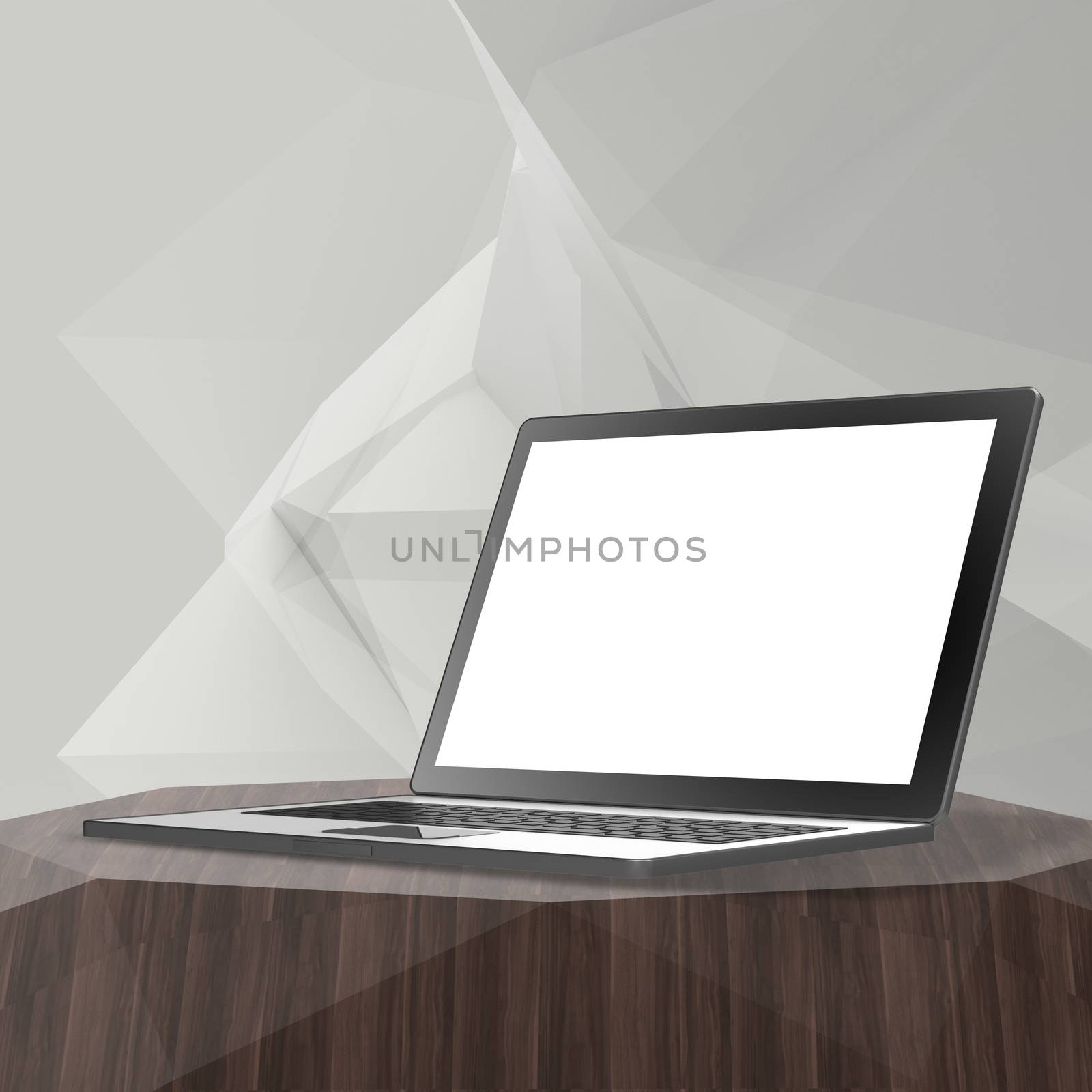 Laptop with blank screen on Empty abstract laminate shelf and lo by everythingpossible
