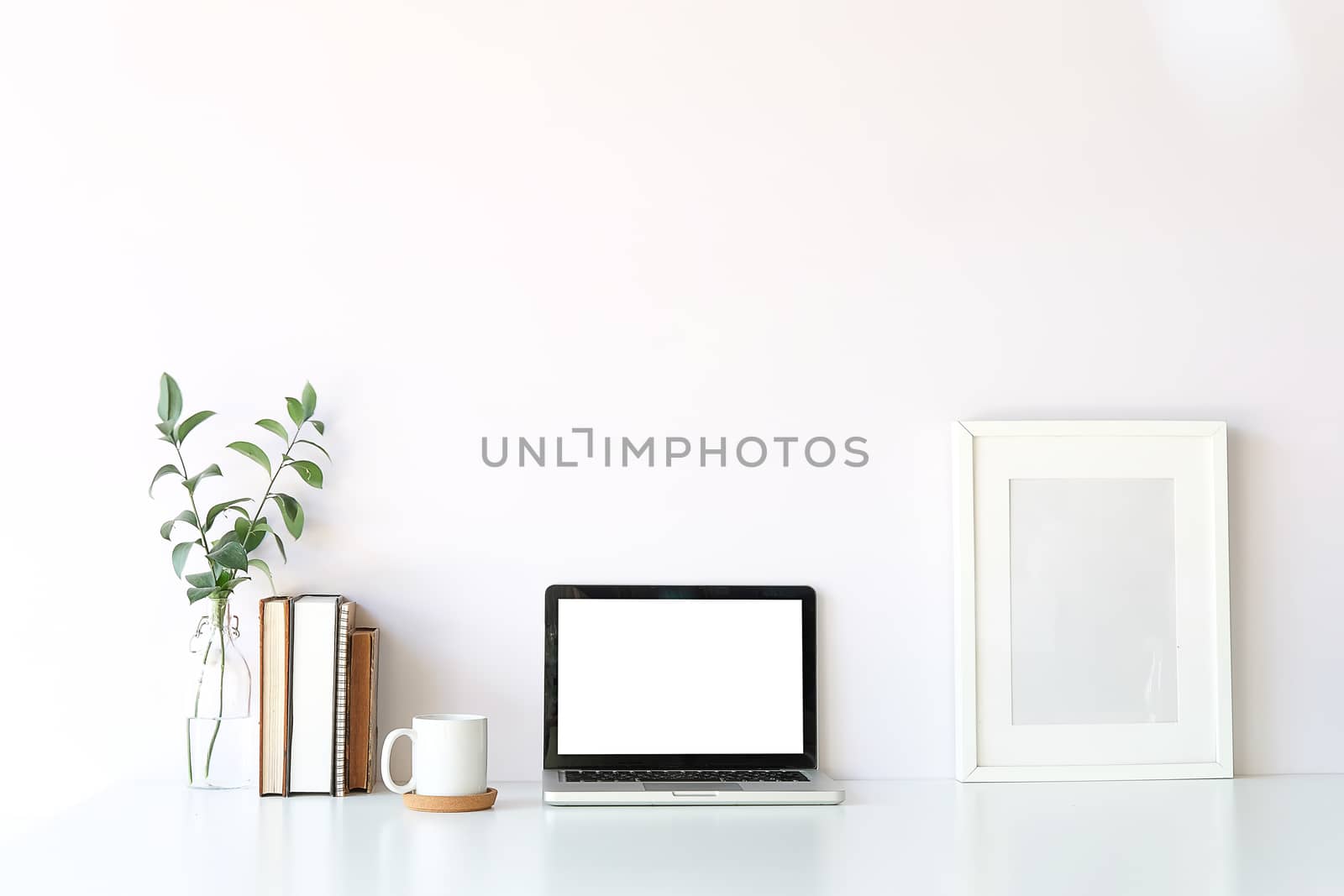 Workspace desk and laptop. copy space and blank screen. Business image, Blank screen laptop and supplies. 