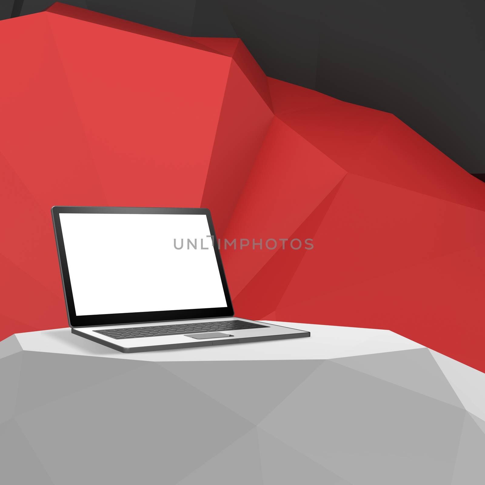 Laptop with blank screen on Empty abstract laminate shelf and lo by everythingpossible