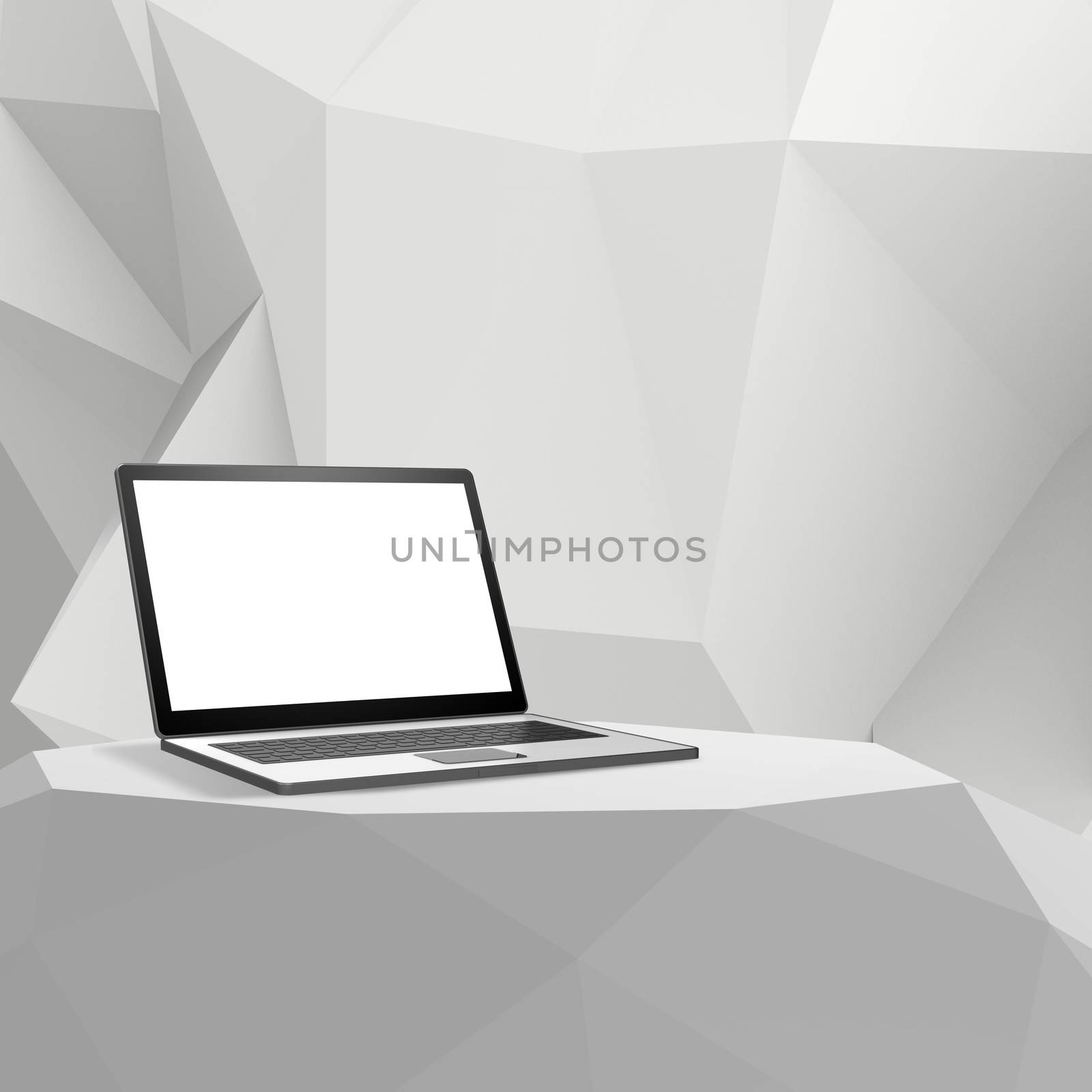 Laptop with blank screen on Empty abstract laminate shelf and low poly geometric background
