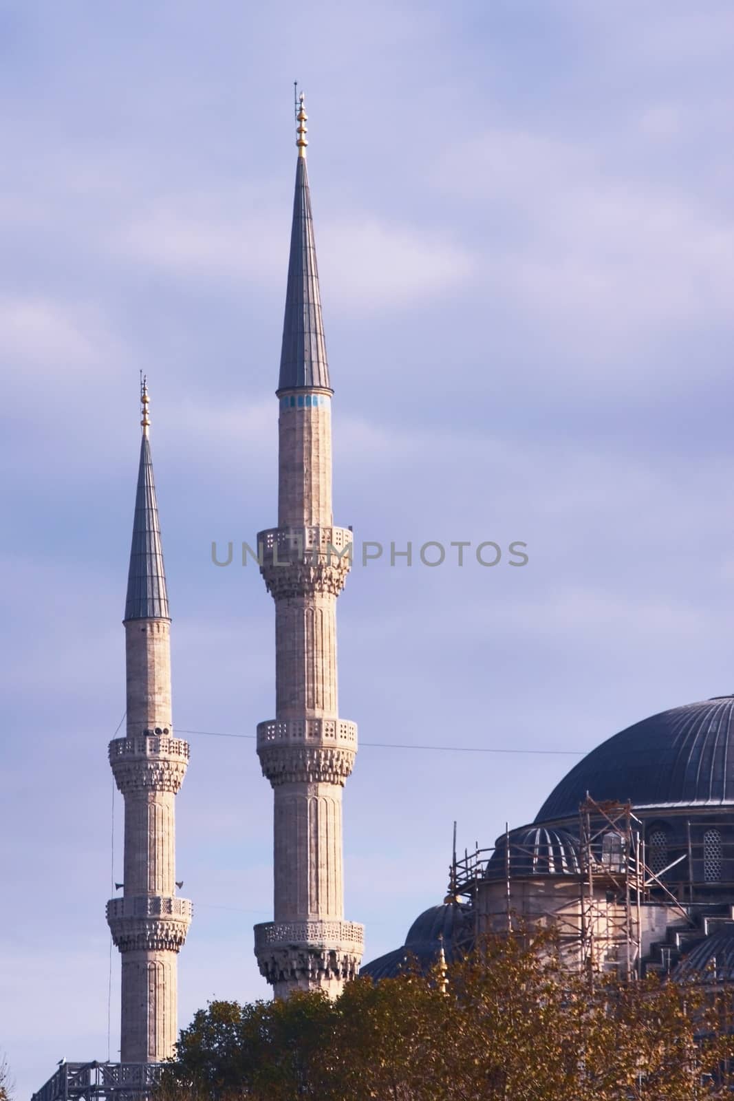 Northwestern minarets of the Blue Mosque of Sultanahmet, in Istanbul, Turkey. Architectural detail.