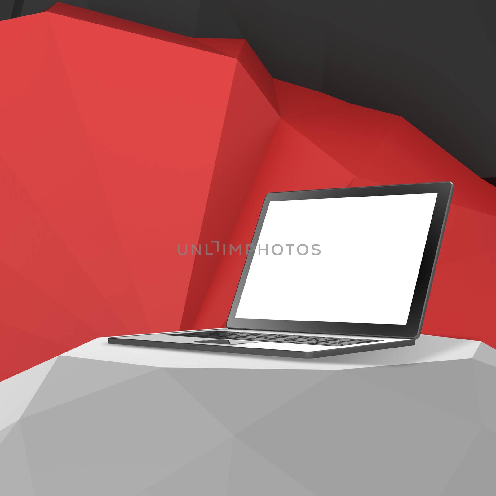 Laptop with blank screen on Empty abstract laminate shelf and low poly geometric background