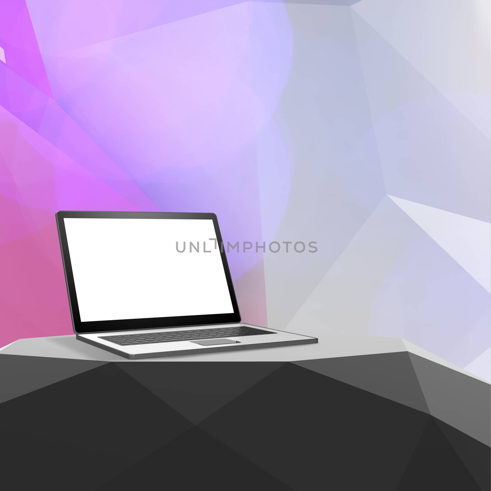 Laptop with blank screen on laminate table and low poly geometri by everythingpossible