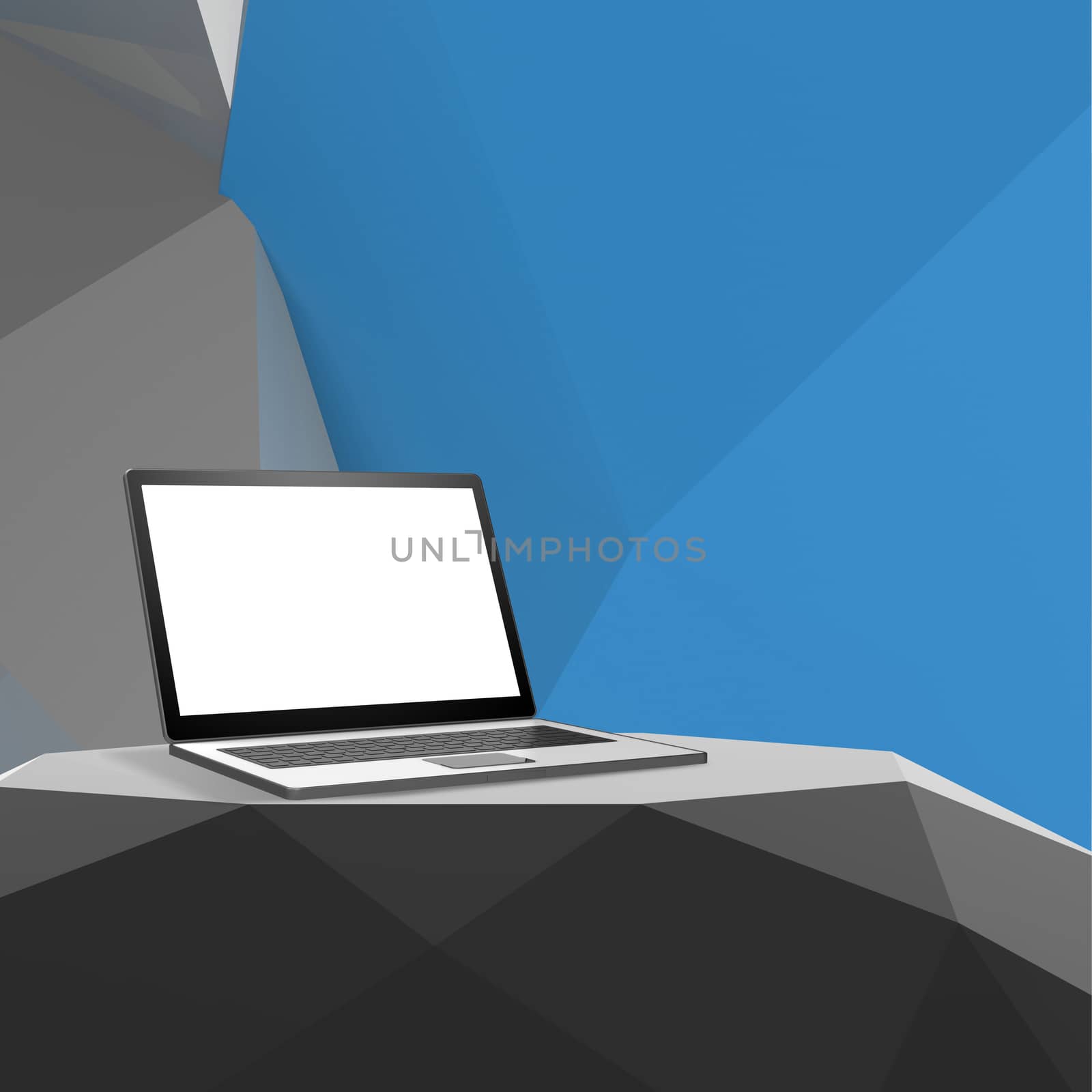 Laptop with blank screen on laminate table and low poly geometric  background