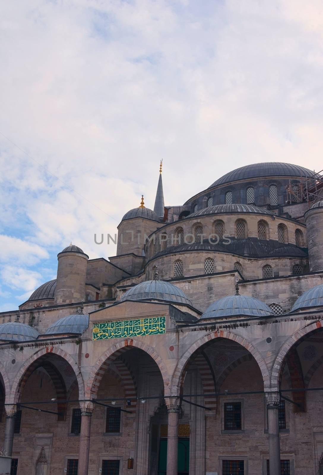 Architectural detail of the Blue Mosque of Sultanahmed, in Istanbul, Turkey. Low angle view.