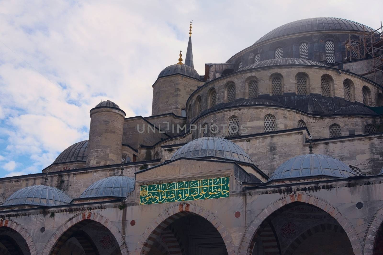 Architectural detail of the Blue Mosque of Sultanahmed, in Istanbul, Turkey. Low angle view.