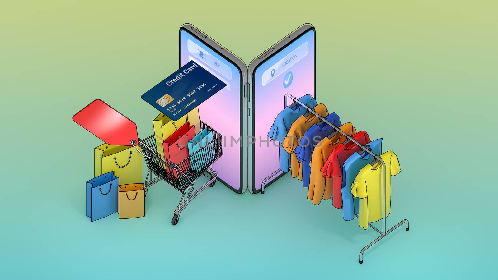 Many Shopping bag and price tag in a shopping cart and Clothes on a hanger appeared from smartphones screen., shopping online or shopaholic concept.,3d illustration with object clipping path.
