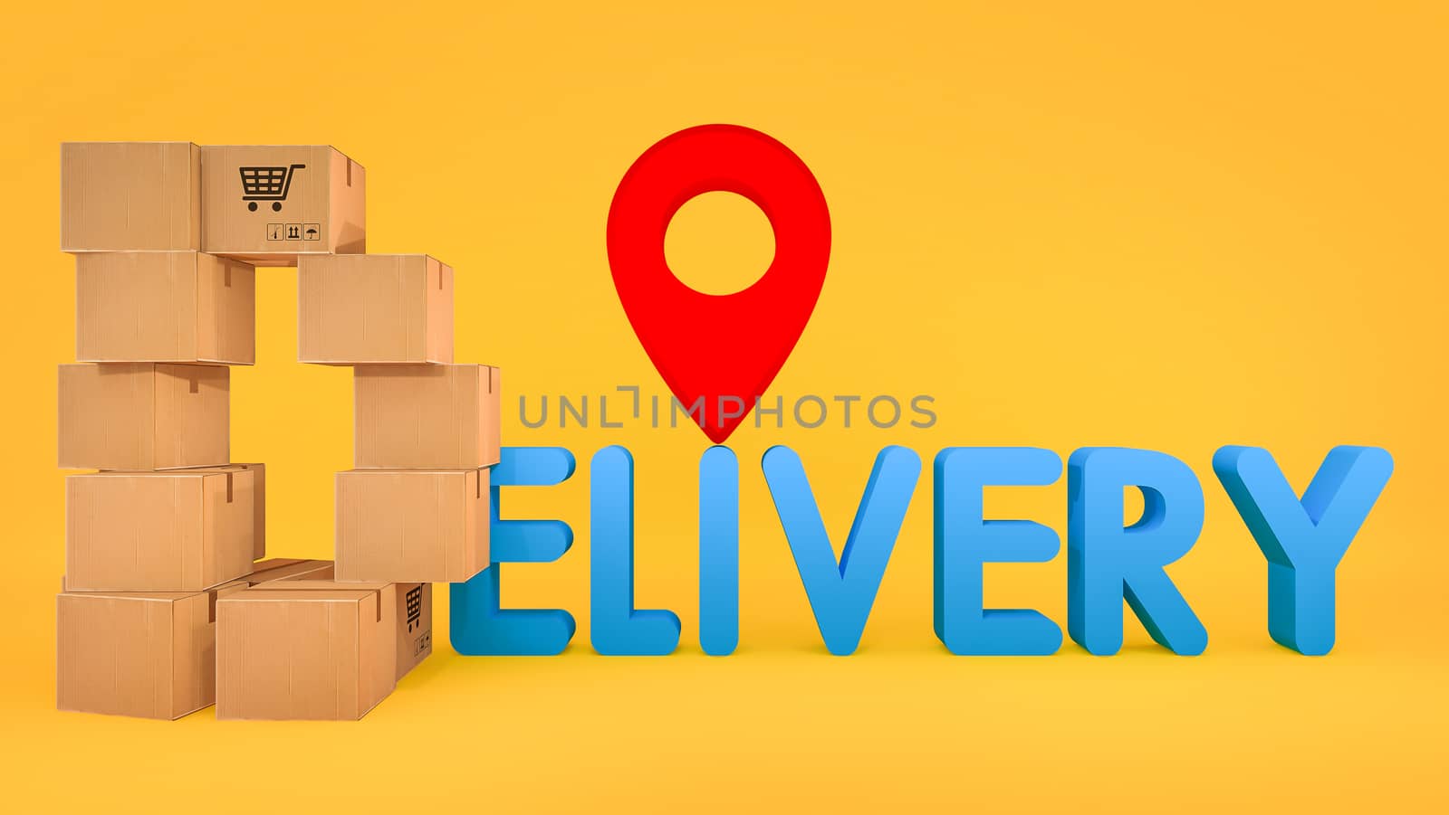 The paper box is arranged in a D shape with delivery font and red pin pointers., shopping online and delivery concept.,3D rendering. by anotestocker