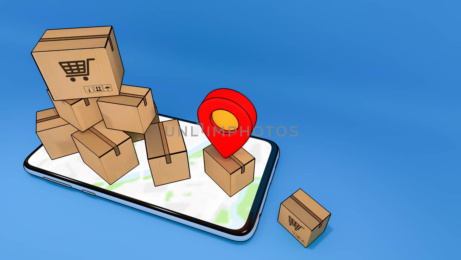 Mobile phone with many paper box and red pin pointers.,Online mobile application order transportation service and Shopping online and Delivery concept.,3D rendering.