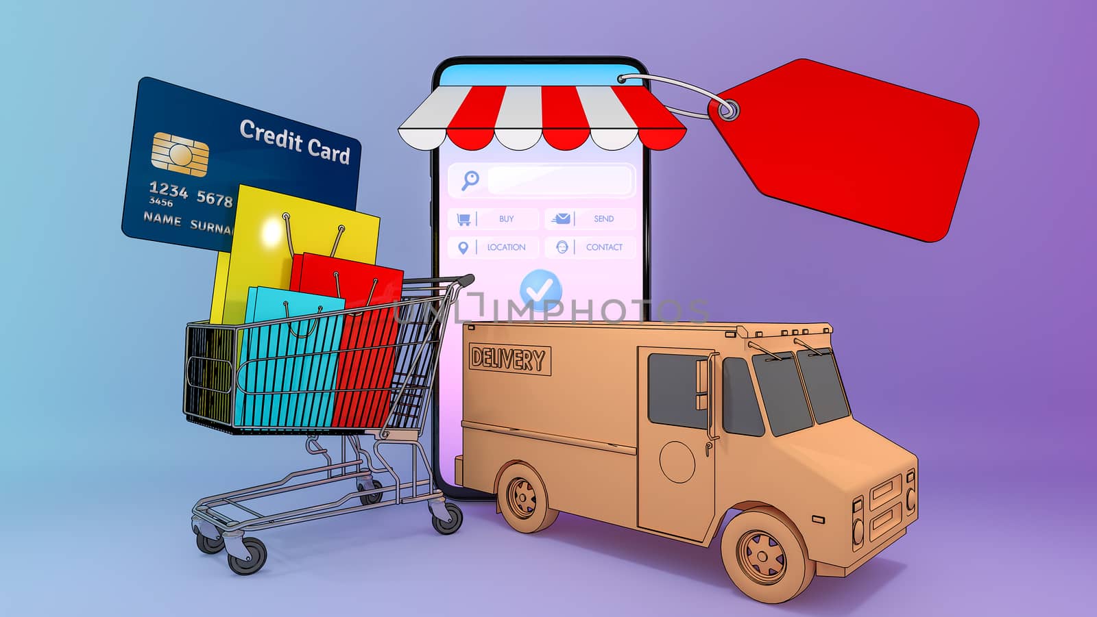 Colourful paper shopping bags and credit card in a cart with Truck van appeared from smartphones screen.,Online mobile application order transportation service and Shopping online and Delivery concept.,3D rendering. by anotestocker