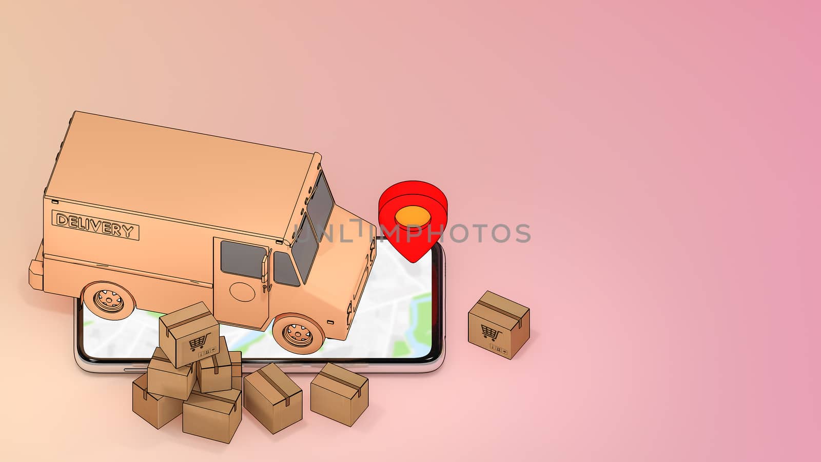 Mobile phone and truck van with many paper box and red pin pointers.,Online mobile application order transportation service and Shopping online and Delivery concept.,3D rendering. by anotestocker