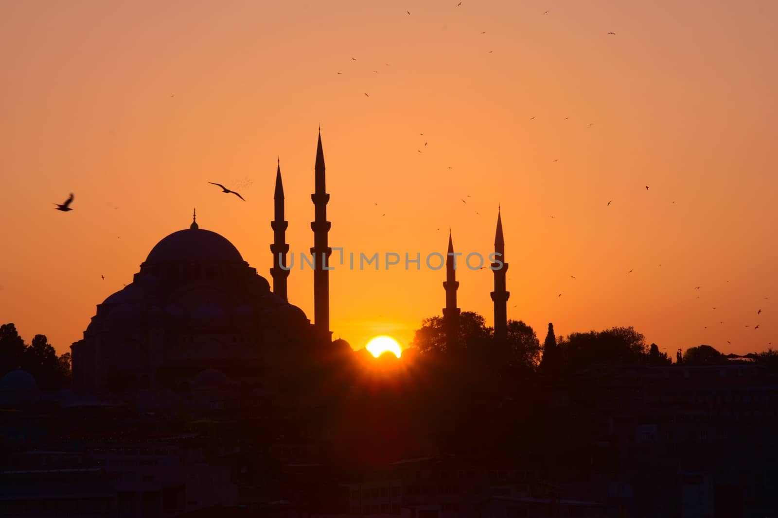 Hagia Sophia, the most important tourist attraction of Istanbul, Turkey, silhouetted against the ochre sunset sky. by hernan_hyper