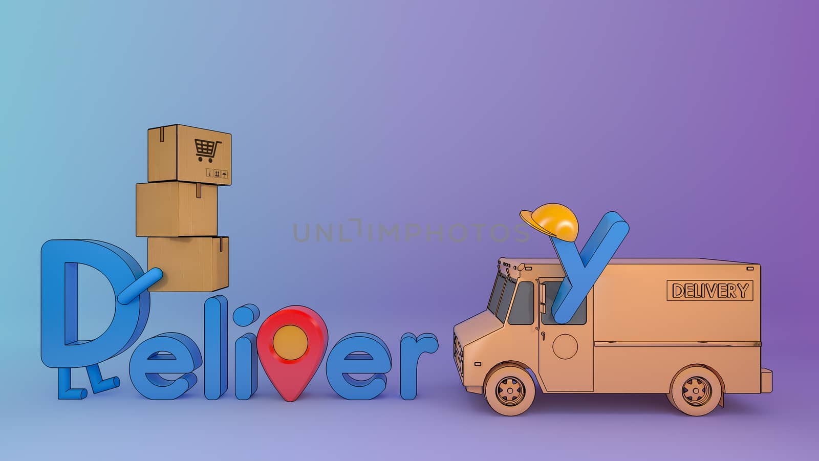 Character cartoon delivery font with truck van and many parcel box.,Online mobile application order transportation service, 3D rendering. by anotestocker