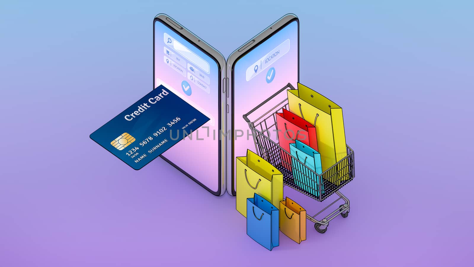 Many Shopping bag and price tag and credit card in a shopping cart appeared from smartphones screen., shopping online or shopaholic concept.,3d illustration with object clipping path. by anotestocker