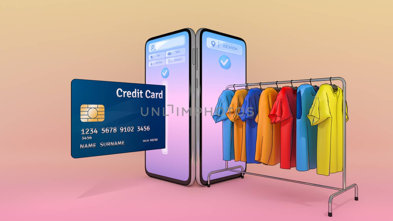 Credit card and Clothes on a hanger appeared from smartphones screen., shopping online or shopaholic concept.,3d illustration with object clipping path. by anotestocker