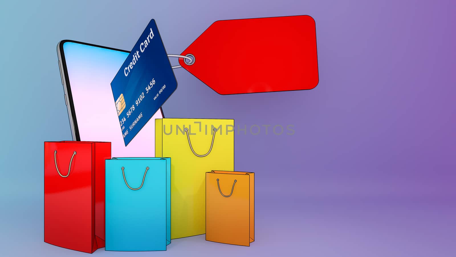 Credit card of ejected from a mobile phone and many shopping bag.,Online mobile application order transportation service and Shopping online and Delivery concept.,3D rendering.