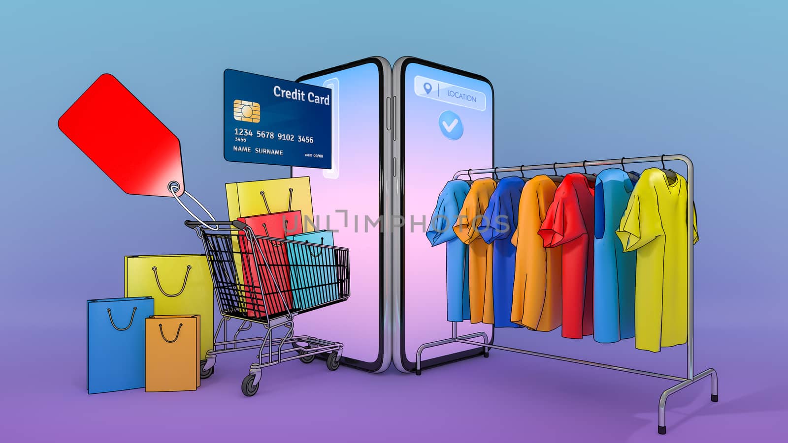 Many Shopping bag and price tag in a shopping cart and Clothes on a hanger appeared from smartphones screen., shopping online or shopaholic concept.,3d illustration with object clipping path.