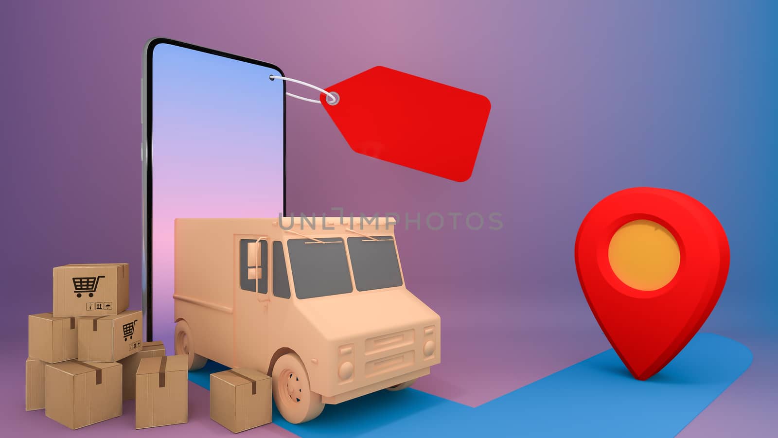 Online mobile application order transportation service.,Shopping online and Delivery concept.,3D rendering.