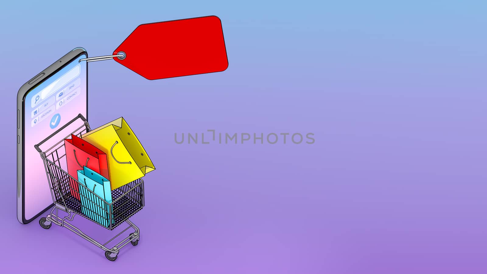 Many Shopping bag and price tag in a shopping cart appeared from smartphones screen., shopping online or shopaholic concept.,3d illustration with object clipping path.